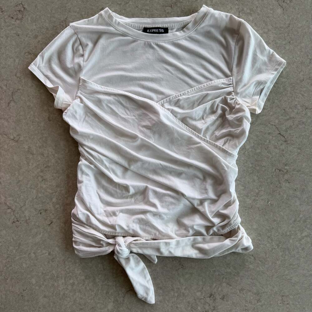 Express White Short Sleeve Ruched Faux-Wrap Tie-Front T-Shirt
